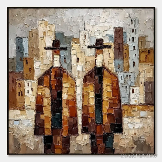 BUYARTVIEW Urban Companions – Textured Figurative Cityscape Palette Knife Painting - image 1