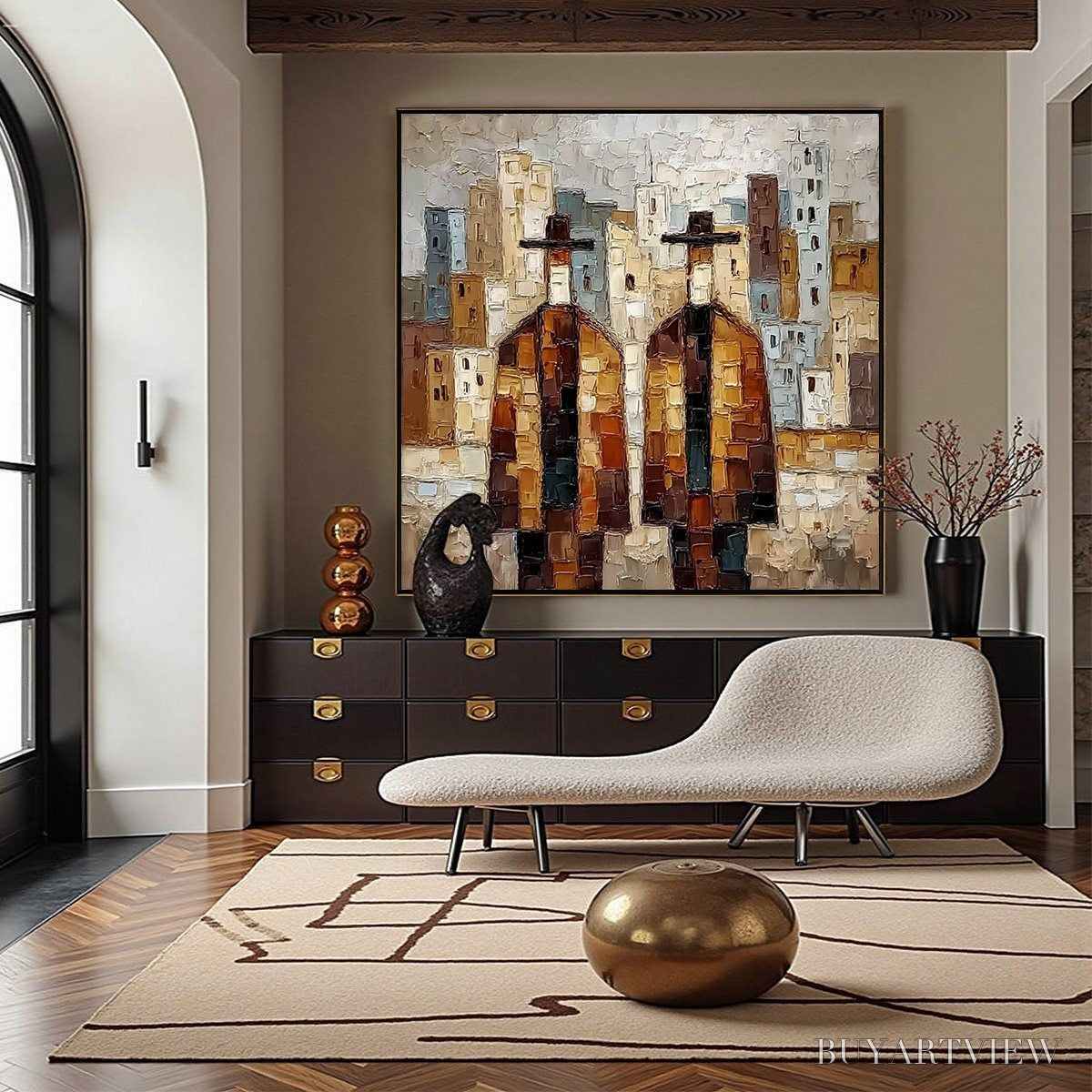 BUYARTVIEW Urban Companions – Textured Figurative Cityscape Palette Knife Painting - image 4