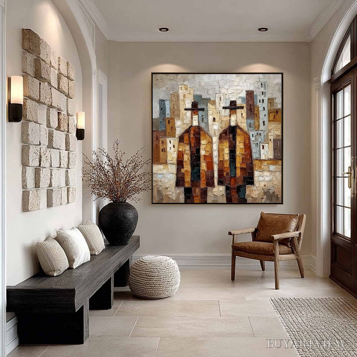 BUYARTVIEW Urban Companions – Textured Figurative Cityscape Palette Knife Painting - image 6