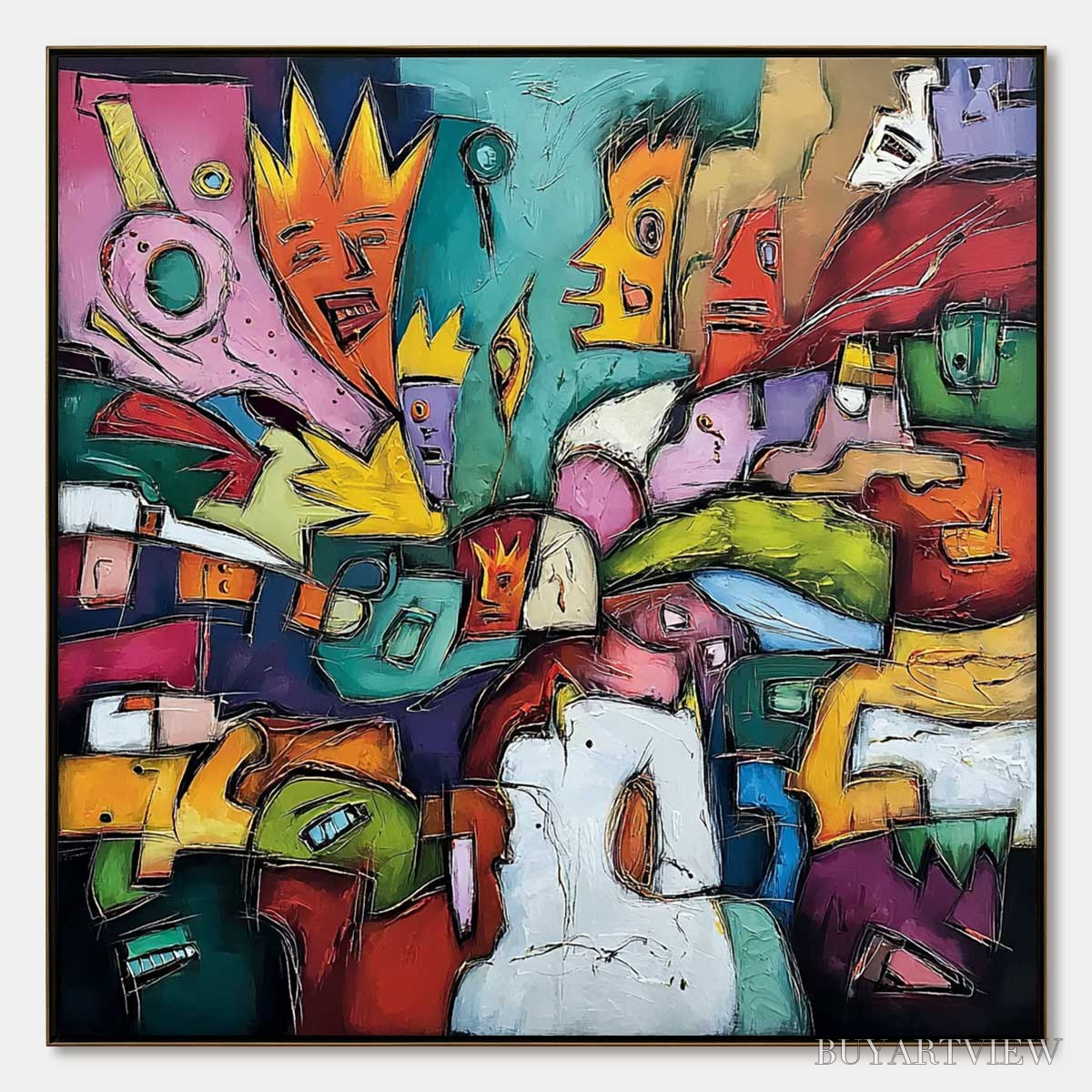BUYARTVIEW Carnival of Kings – Vibrant Square Abstract Figurative Painting - image 1