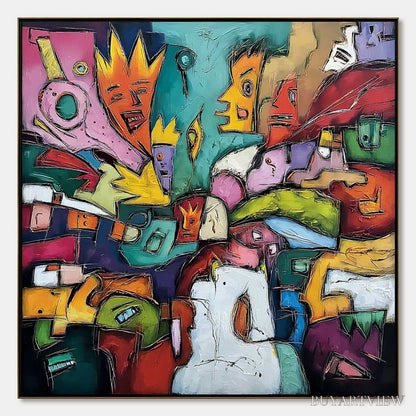 BUYARTVIEW Carnival of Kings – Vibrant Square Abstract Figurative Painting - image 1