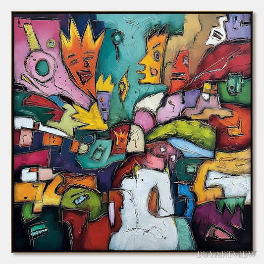 BUYARTVIEW Carnival of Kings – Vibrant Square Abstract Figurative Painting - image 1