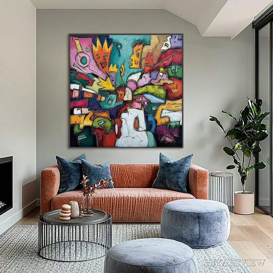 BUYARTVIEW Carnival of Kings – Vibrant Square Abstract Figurative Painting - image 2
