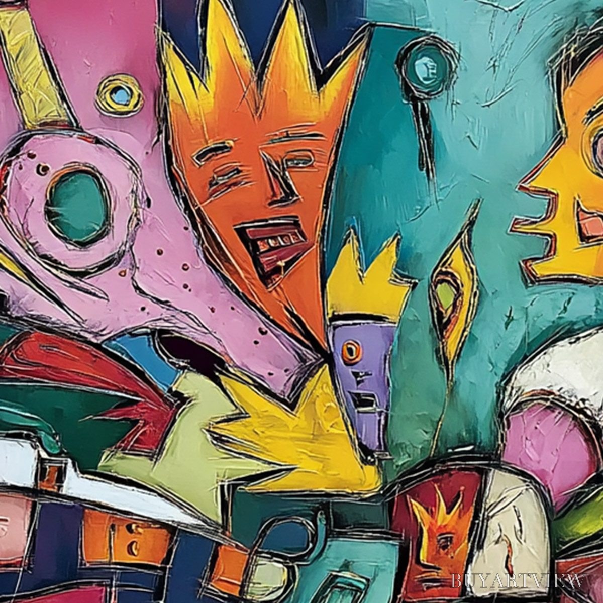 BUYARTVIEW Carnival of Kings – Vibrant Square Abstract Figurative Painting - image 3