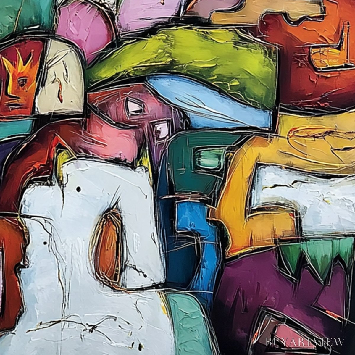 BUYARTVIEW Carnival of Kings – Vibrant Square Abstract Figurative Painting - image 5