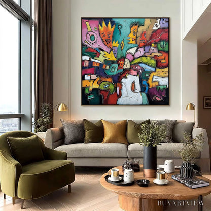 BUYARTVIEW Carnival of Kings – Vibrant Square Abstract Figurative Painting - image 6