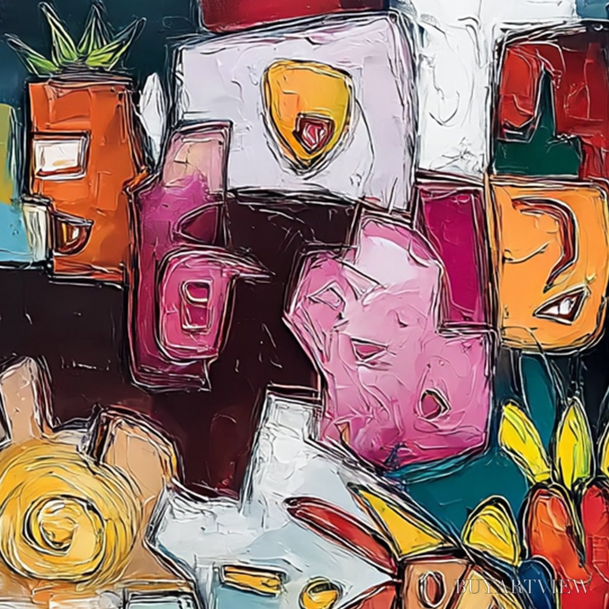 BUYARTVIEW Urban Mosaic – Colorful Abstract People Painting with Heavy Texture - image 5