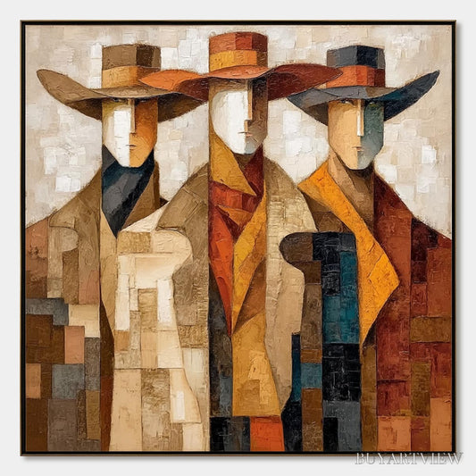 BUYARTVIEW the Unison – Abstract Textured Figurative Painting of Three Men - image 1