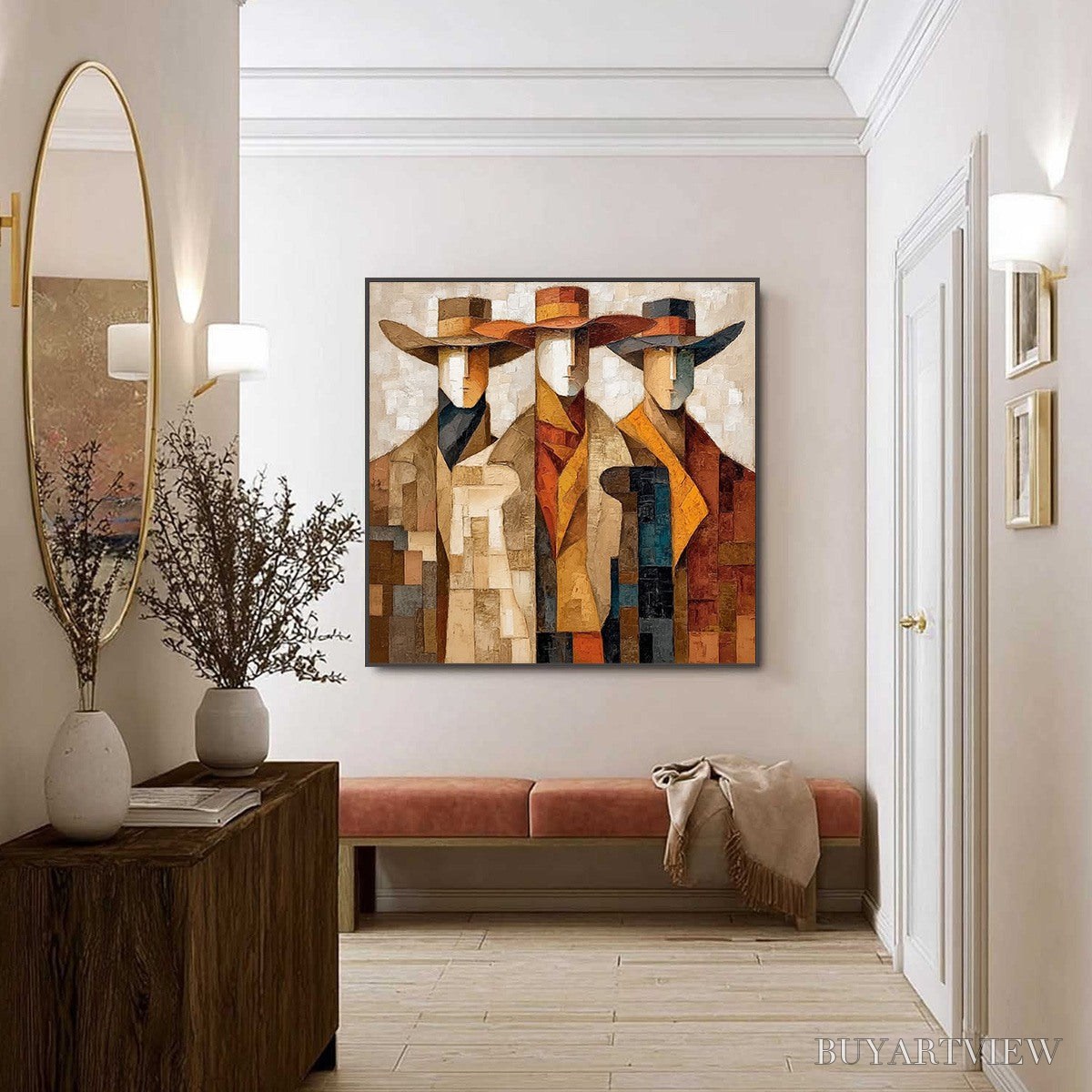BUYARTVIEW the Unison – Abstract Textured Figurative Painting of Three Men - image 4