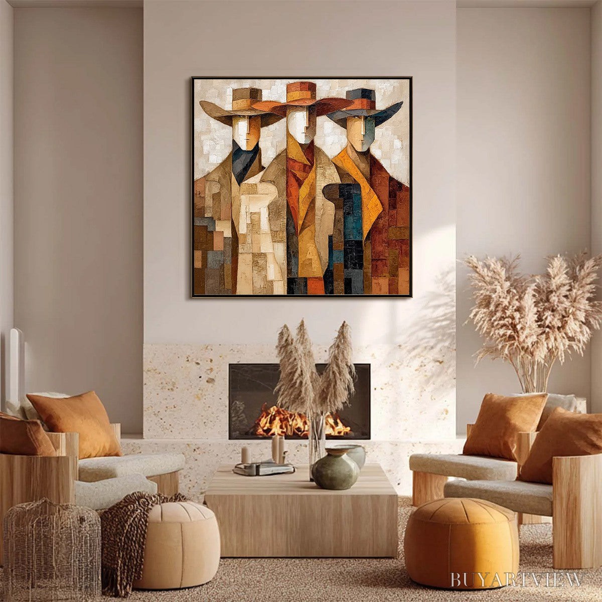 BUYARTVIEW the Unison – Abstract Textured Figurative Painting of Three Men - image 6