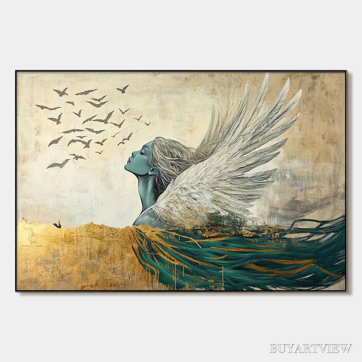 BUYARTVIEW Golden Ascension – Ethereal Angel with Birds Oil Painting - image 1