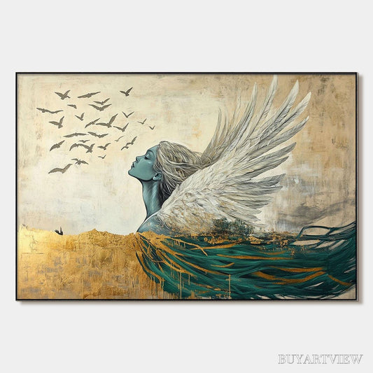 BUYARTVIEW Golden Ascension – Ethereal Angel with Birds Oil Painting - image 1