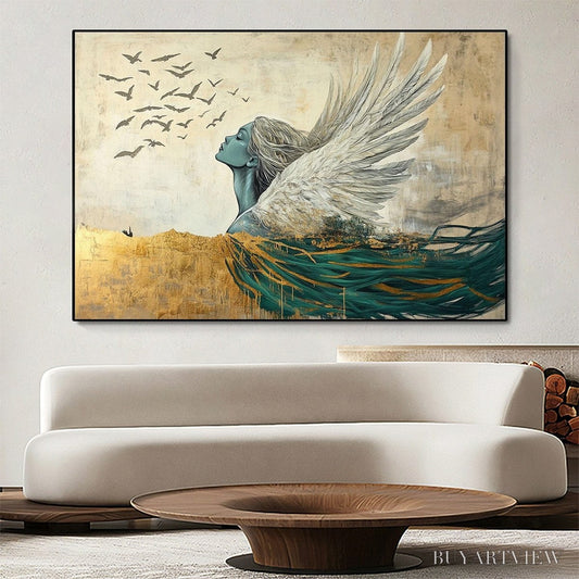BUYARTVIEW Golden Ascension – Ethereal Angel with Birds Oil Painting - image 2