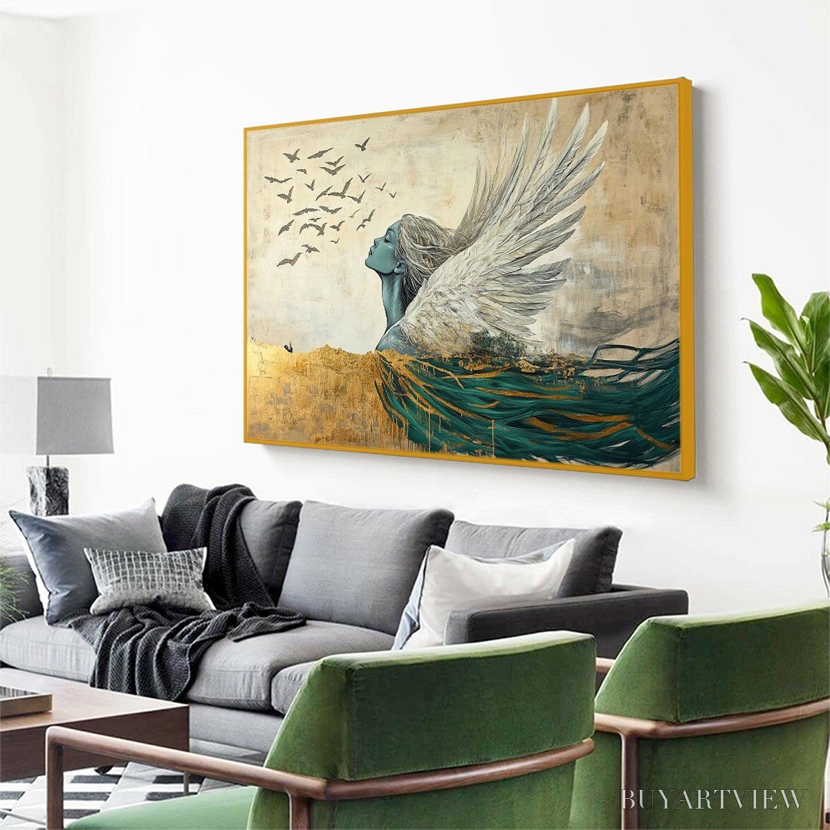 BUYARTVIEW Golden Ascension – Ethereal Angel with Birds Oil Painting - image 4