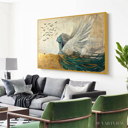 BUYARTVIEW Golden Ascension – Ethereal Angel with Birds Oil Painting - image 4