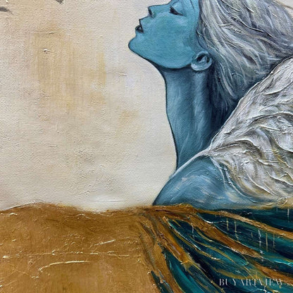 BUYARTVIEW Golden Ascension – Ethereal Angel with Birds Oil Painting - image 5