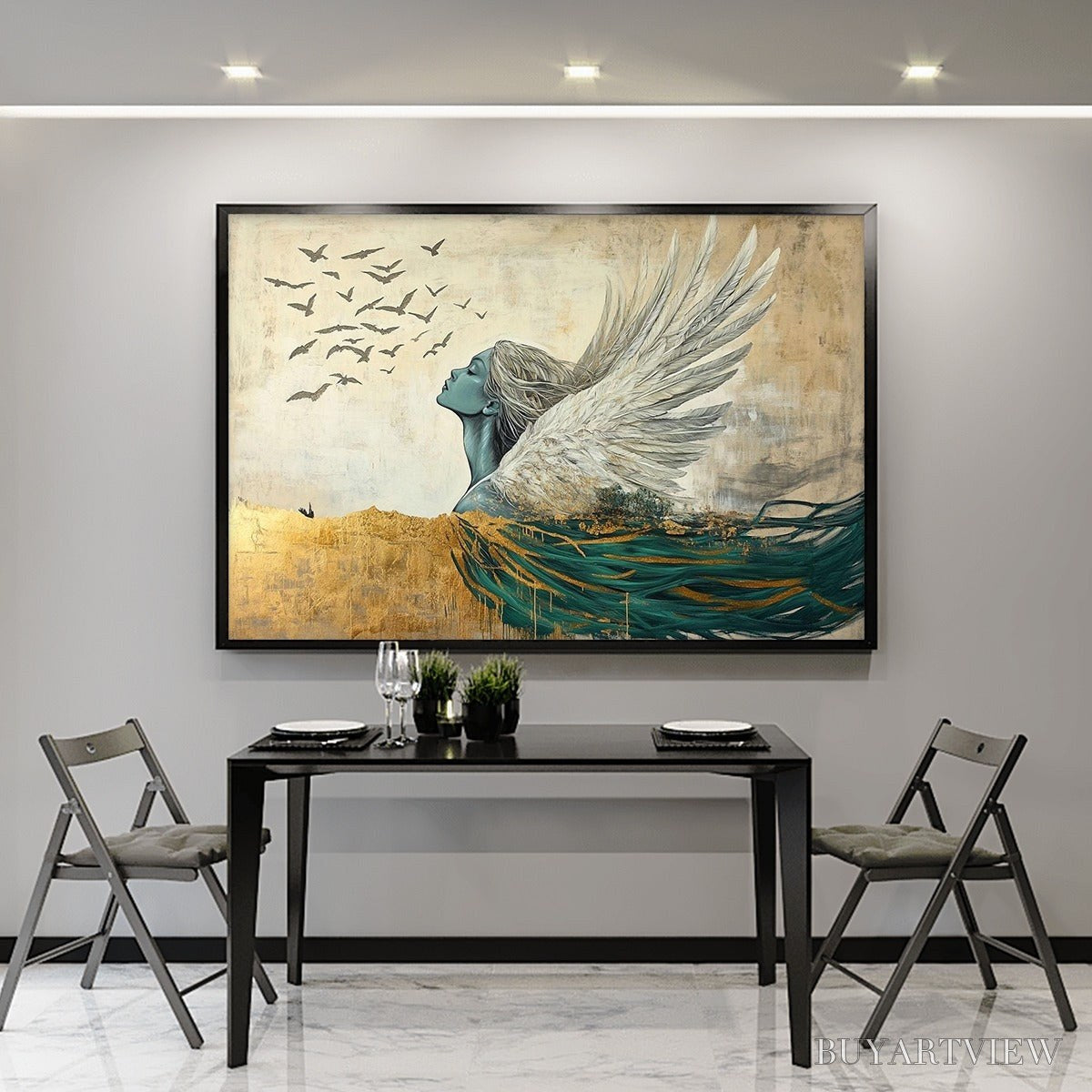 BUYARTVIEW Golden Ascension – Ethereal Angel with Birds Oil Painting - image 6