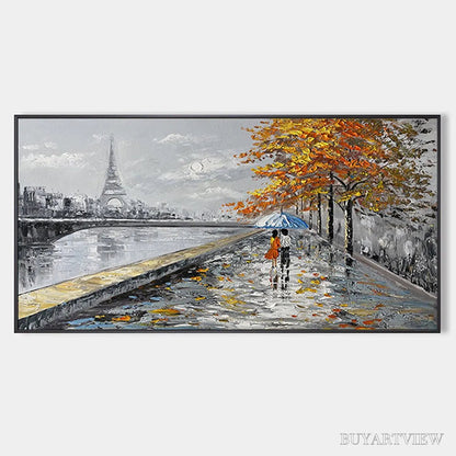 BUYARTVIEW Parisian Autumn Stroll – Romantic Cityscape Oil Painting with Eiffel Tower - image 1