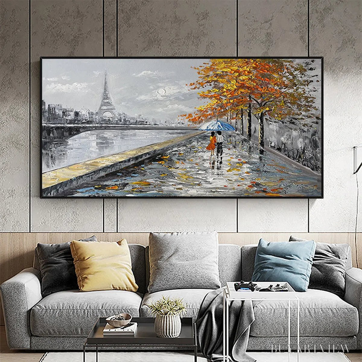 BUYARTVIEW Parisian Autumn Stroll – Romantic Cityscape Oil Painting with Eiffel Tower - image 2