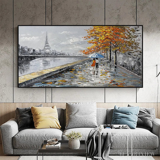 BUYARTVIEW Parisian Autumn Stroll – Romantic Cityscape Oil Painting with Eiffel Tower - image 2