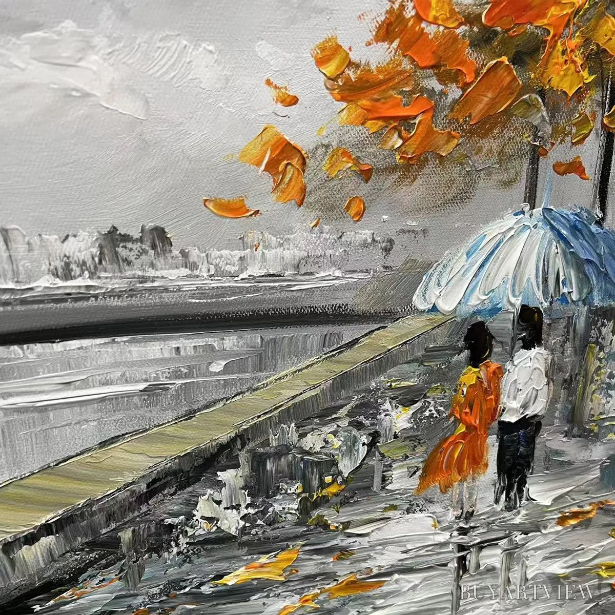 BUYARTVIEW Parisian Autumn Stroll – Romantic Cityscape Oil Painting with Eiffel Tower - image 3