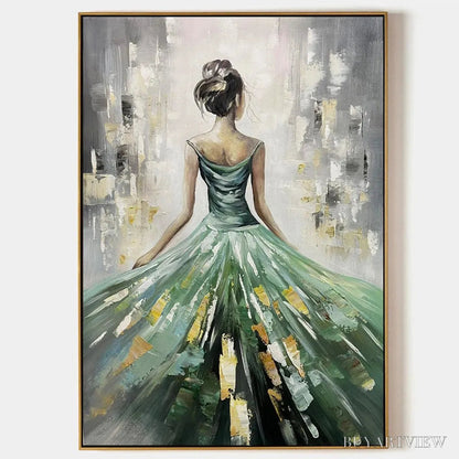 BUYARTVIEW Emerald Grace – Elegant Woman in Green Dress, Vertical Canvas, Figurative - image 1
