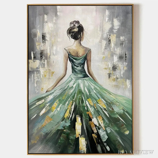 BUYARTVIEW Emerald Grace – Elegant Woman in Green Dress, Vertical Canvas, Figurative - image 1