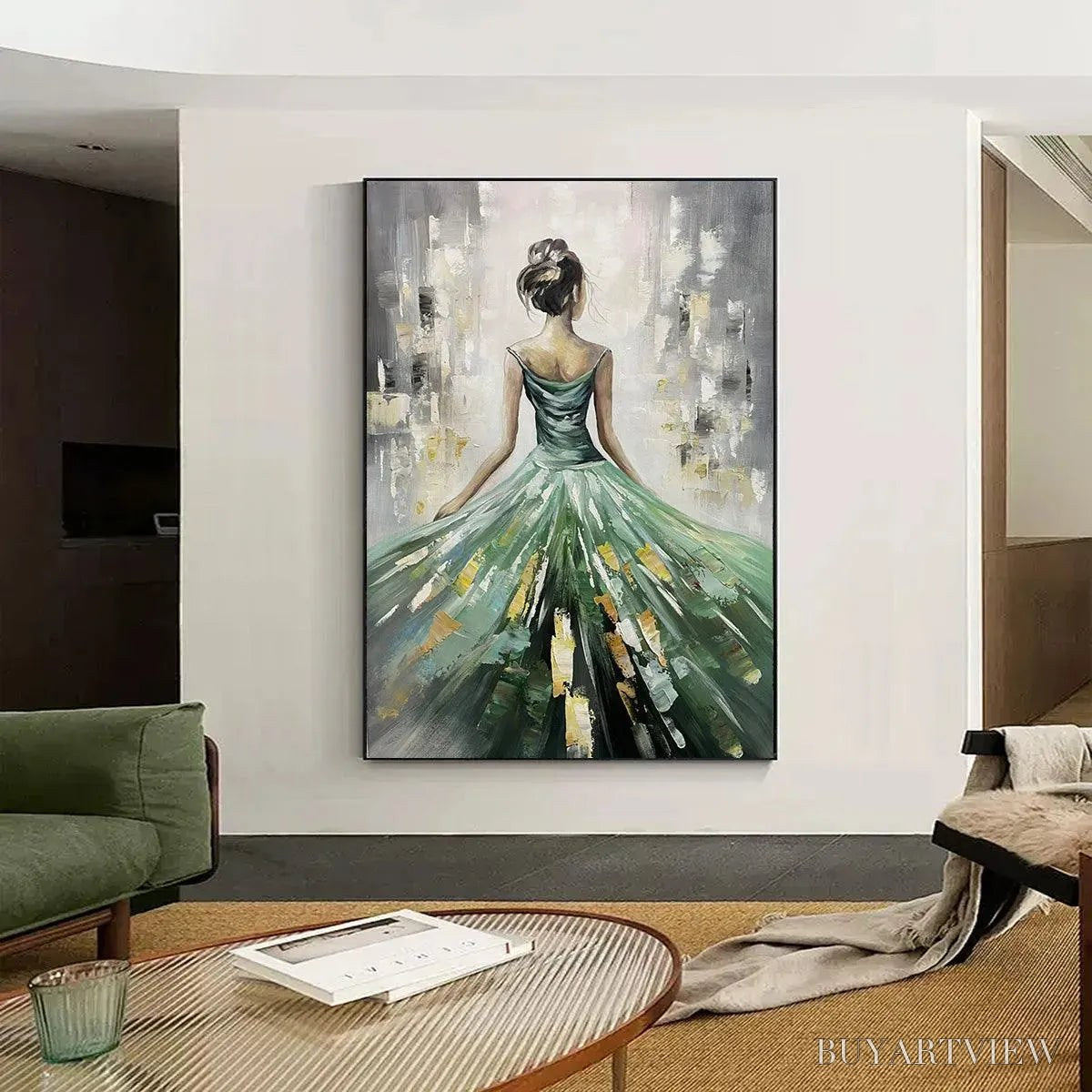 BUYARTVIEW Emerald Grace – Elegant Woman in Green Dress, Vertical Canvas, Figurative - image 2