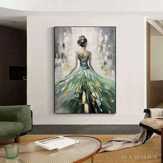 BUYARTVIEW Emerald Grace – Elegant Woman in Green Dress, Vertical Canvas, Figurative - image 2