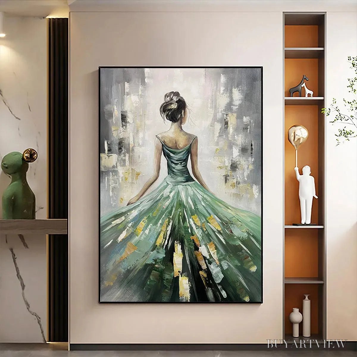 BUYARTVIEW Emerald Grace – Elegant Woman in Green Dress, Vertical Canvas, Figurative - image 4
