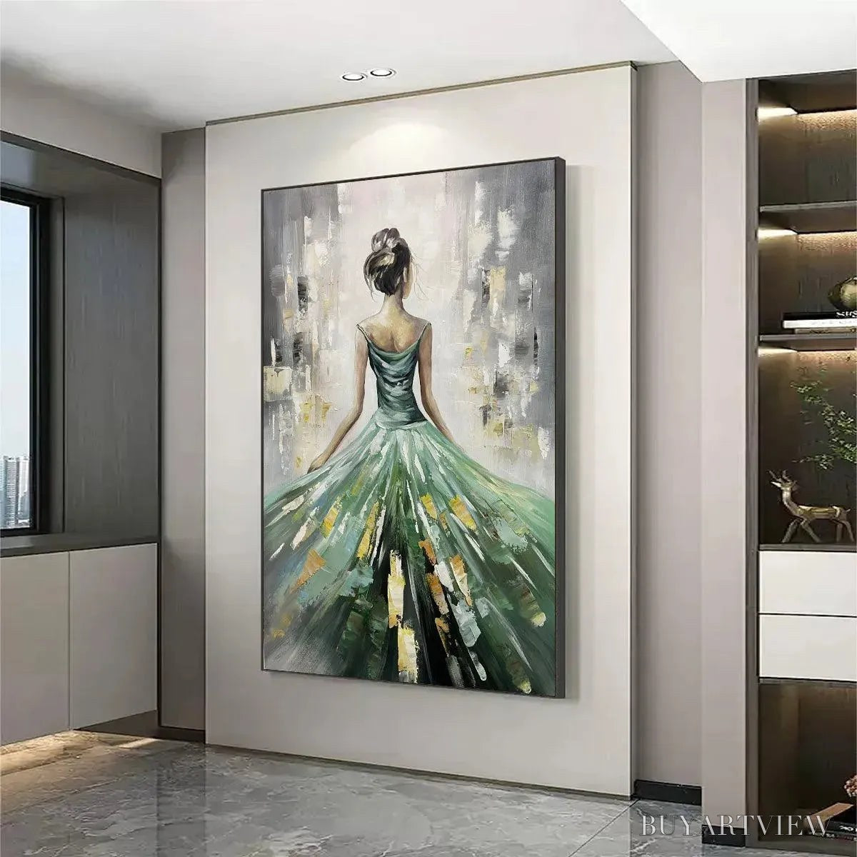 BUYARTVIEW Emerald Grace – Elegant Woman in Green Dress, Vertical Canvas, Figurative - image 5