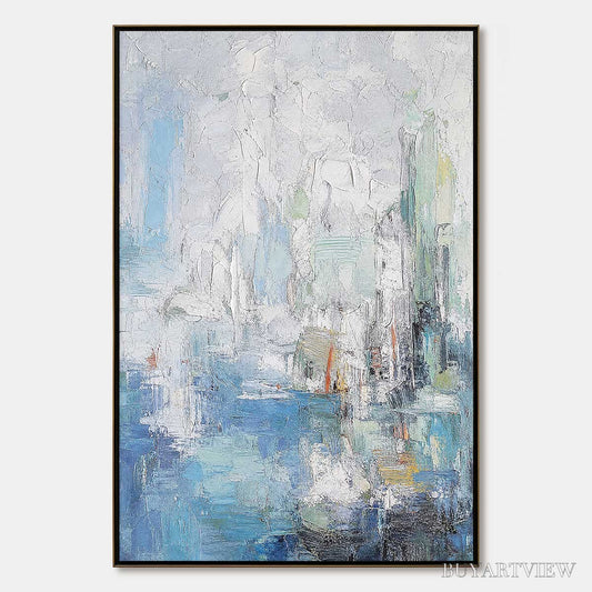 BUYARTVIEW Seaside Reverie – Textured Abstract Painting of a Coastal City - image 1