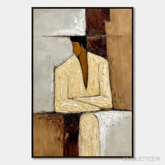 BUYARTVIEW Contemplation – Textured Abstract Figurative Portrait Oil Painting - image 1