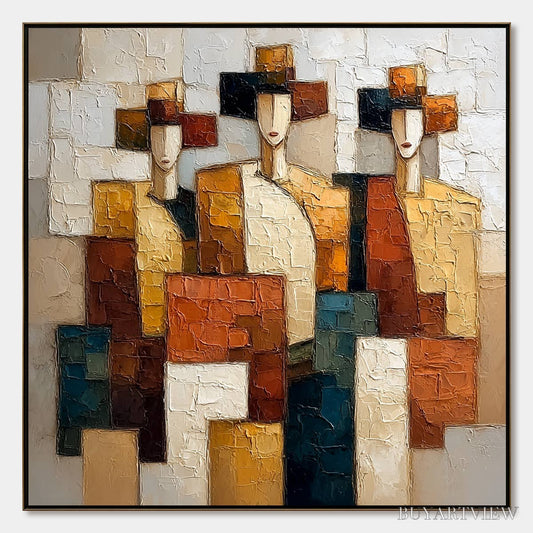 BUYARTVIEW the Triad – Textured Geometric Figurative Portrait Painting - image 1