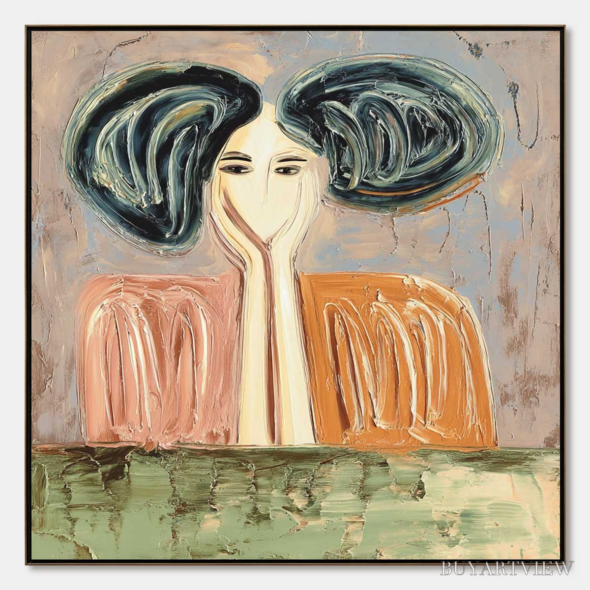 BUYARTVIEW Quiet Contemplation – Textured Impasto Portrait Painting of a Woman - image 1