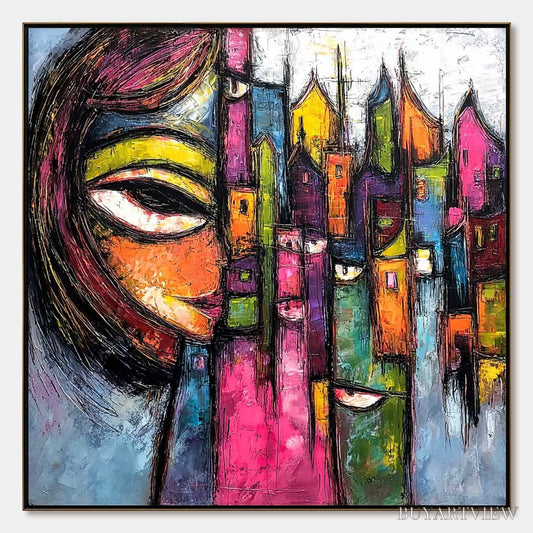 BUYARTVIEW Urban Muse – Large Colorful Abstract Portrait and Cityscape Painting - image 1