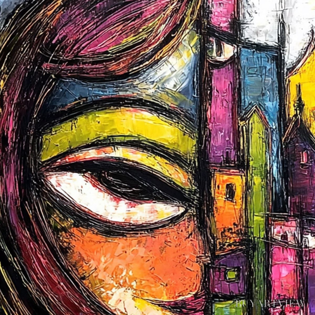 BUYARTVIEW Urban Muse – Large Colorful Abstract Portrait and Cityscape Painting - image 3