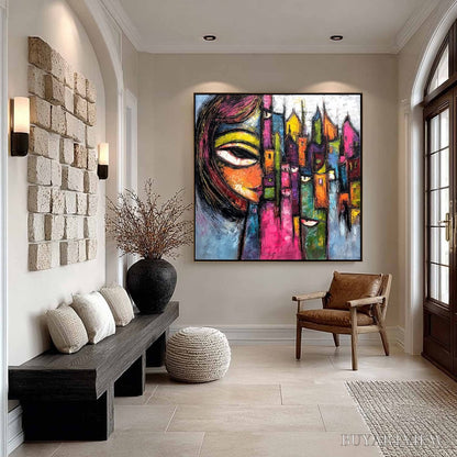 BUYARTVIEW Urban Muse – Large Colorful Abstract Portrait and Cityscape Painting - image 4