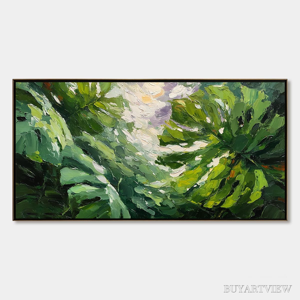 BUYARTVIEW Emerald Gaze – Textured Palette Knife Painting of Sunlit Tropical Leaves - image 1