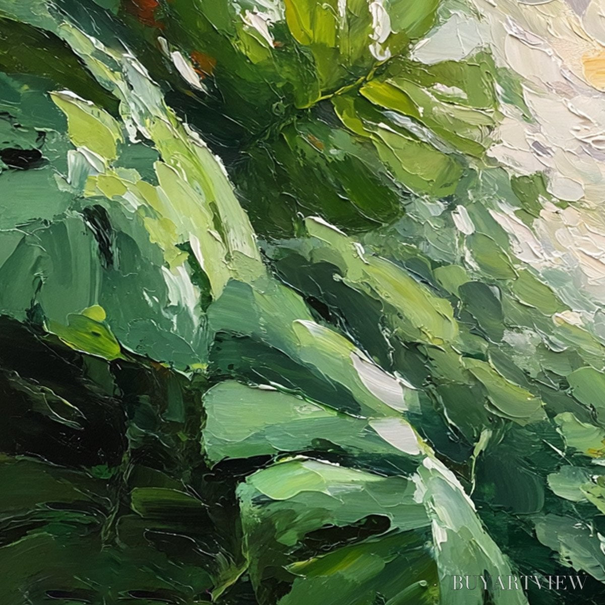 BUYARTVIEW Emerald Gaze – Textured Palette Knife Painting of Sunlit Tropical Leaves - image 3