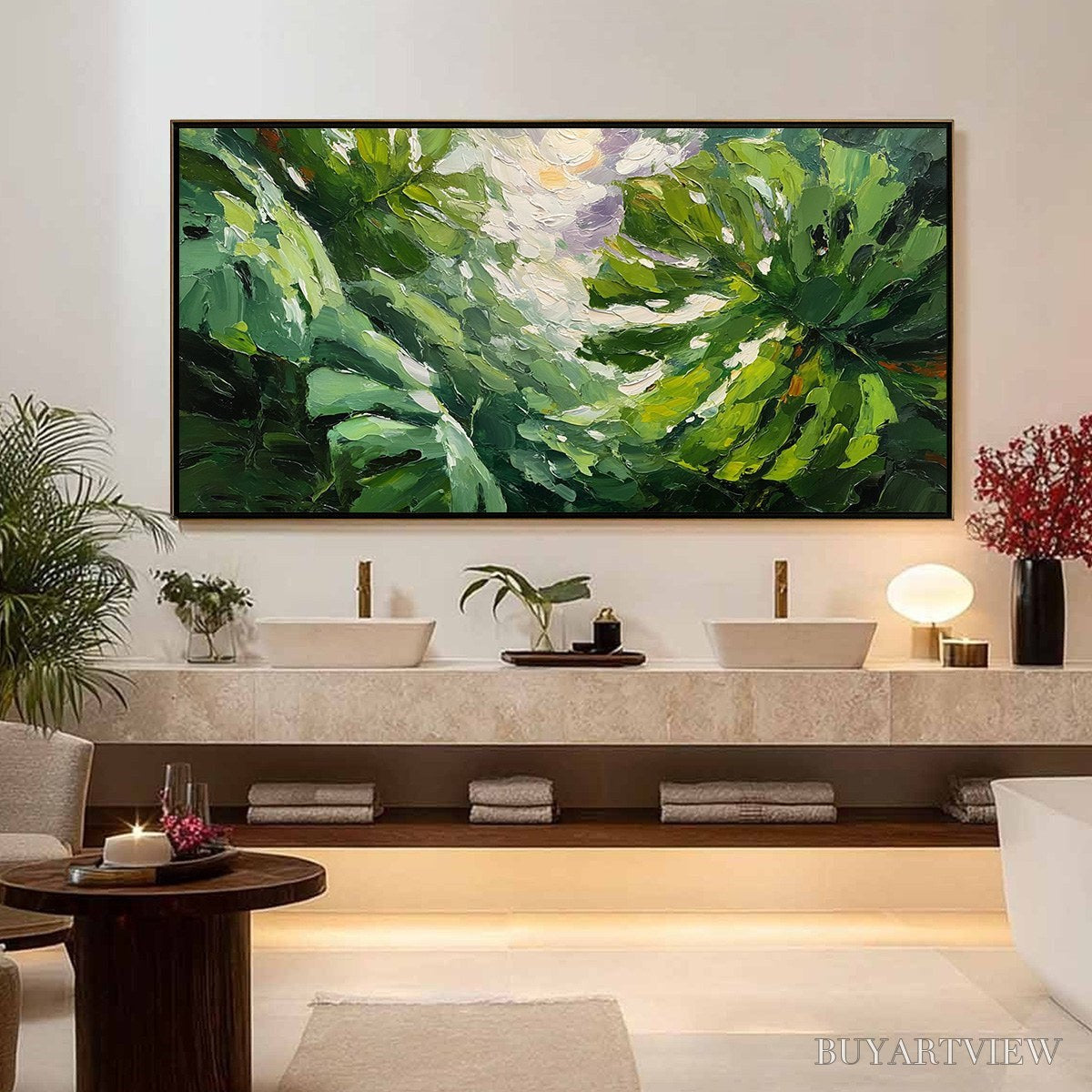BUYARTVIEW Emerald Gaze – Textured Palette Knife Painting of Sunlit Tropical Leaves - image 4