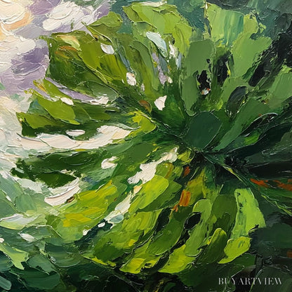 BUYARTVIEW Emerald Gaze – Textured Palette Knife Painting of Sunlit Tropical Leaves - image 5