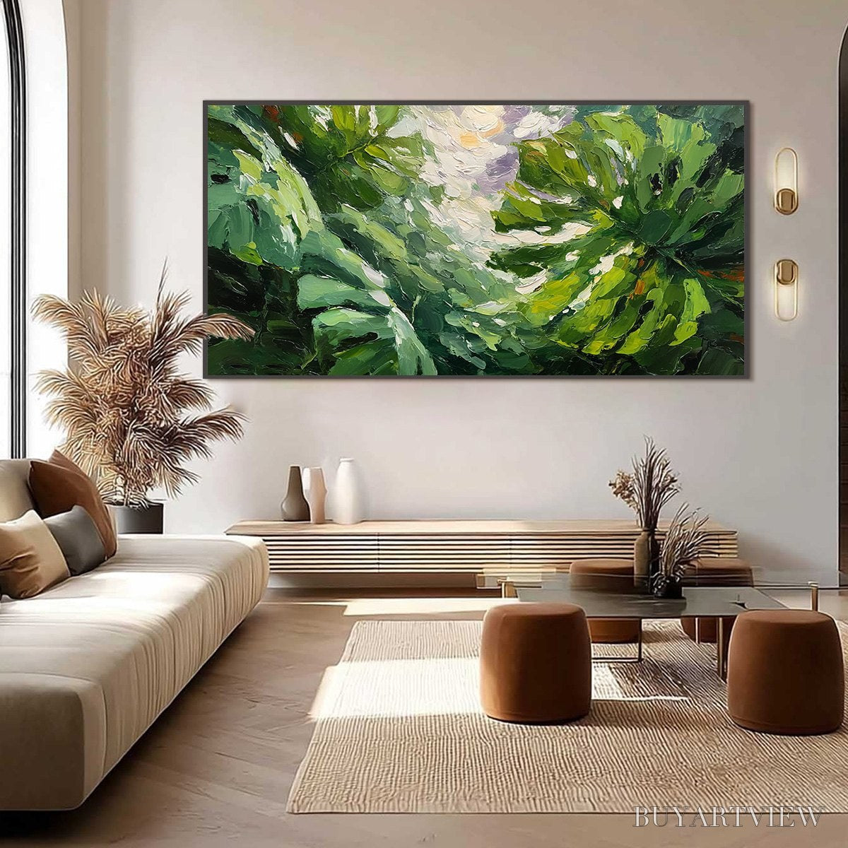 BUYARTVIEW Emerald Gaze – Textured Palette Knife Painting of Sunlit Tropical Leaves - image 6