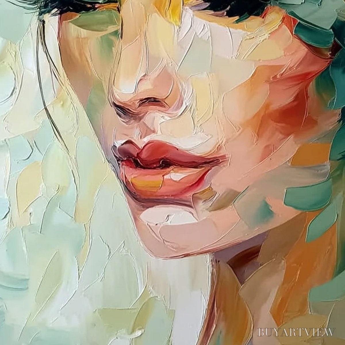 BUYARTVIEW Verdant Reverie – Textured Palette Knife Portrait Oil Painting - image 5
