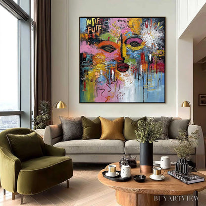 BUYARTVIEW Static Reverie – Colorful Abstract Face Impasto Palette Knife Painting - image 2