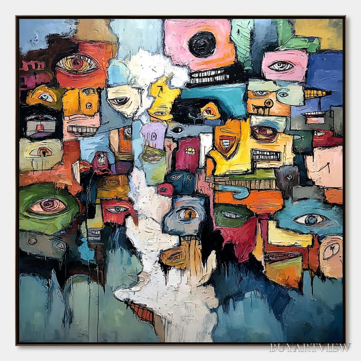 BUYARTVIEW Kaleidoscope of Souls – Large Colorful Abstract Faces Oil Painting - image 1