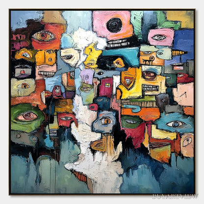 BUYARTVIEW Kaleidoscope of Souls – Large Colorful Abstract Faces Oil Painting - image 1