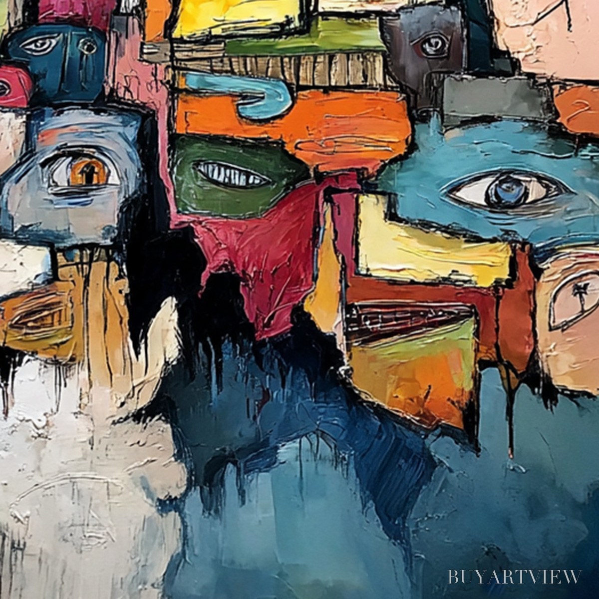 BUYARTVIEW Kaleidoscope of Souls – Large Colorful Abstract Faces Oil Painting - image 3