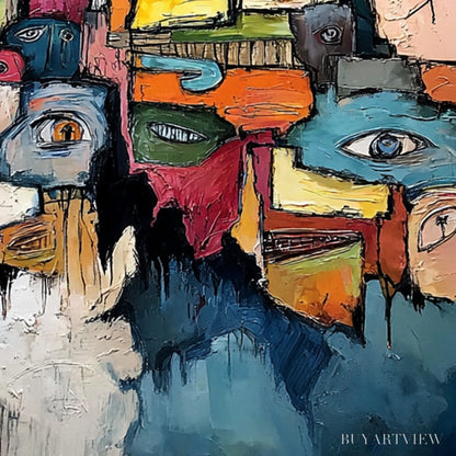 BUYARTVIEW Kaleidoscope of Souls – Large Colorful Abstract Faces Oil Painting - image 3