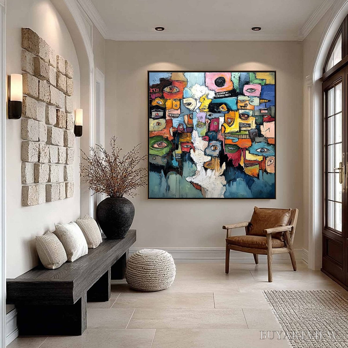 BUYARTVIEW Kaleidoscope of Souls – Large Colorful Abstract Faces Oil Painting - image 4